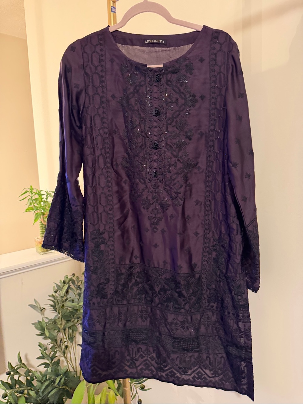 Limelight Dark Purple Embroidered Long Sleeve silk Tunic